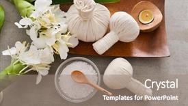  Presentation with herbal medicine healing herbs mortar - Presentation featuring laundry care products - spa setting with ginger flower background and a  colored foreground