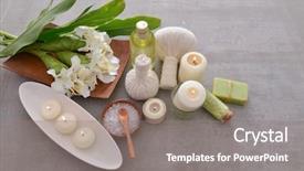  Presentation with herbal medicine healing herbs mortar - Amazing presentation theme having laundry care products - spa setting with ginger flower backdrop and a gray colored foreground
