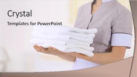  Presentation with laundry room - PPT theme enhanced with laundry services - chambermaid holding pile of clean background and a white colored foreground