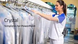  Presentation with employees - Audience pleasing theme consisting of laundry services - female employees checks clothes backdrop and a light gray colored foreground