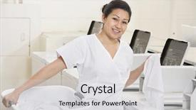  Presentation with laundromat - Theme consisting of laundry services - happy young employee standing background and a  colored foreground