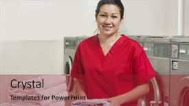  Presentation with laundromat - Presentation having laundry services - portrait of a happy woman background and a crimson colored foreground