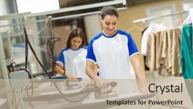  Presentation with textile fibre - PPT layouts enhanced with laundry services - smiling women iron textile background and a  colored foreground