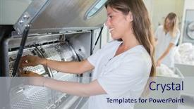  Presentation with machine - Slide set having laundry services - woman and washing machine background and a sky blue colored foreground