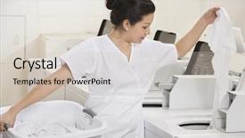  Presentation with clothes washing machine - Presentation theme featuring laundry services - young female employee putting clothes background and a soft green colored foreground