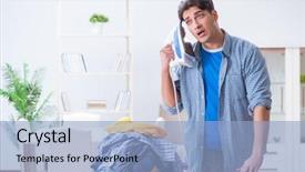  Presentation with clothing - Audience pleasing PPT layouts consisting of laundry services - young man husband doing clothing backdrop and a light blue colored foreground