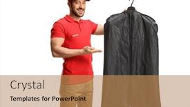  Presentation with case - PPT theme with laundry-worker-holding-clothes background and a coral colored foreground