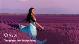  Presentation with lavander - Beautiful presentation theme featuring lavander flower field woman in cyand dress having fun and relax on wind in purple flower field backdrop and a violet colored foreground