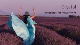  Presentation with lavander - Presentation design having lavander flower field woman in cyand dress having fun and relax on wind in purple flower field background and a light gray colored foreground
