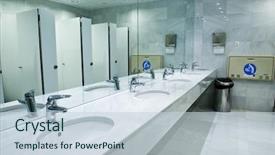  Presentation with public - Presentation featuring lavatory - public empty restroom with washstands background and a lemonade colored foreground