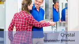  Presentation with counseling - PPT theme consisting of lavatory - shop assistant in hardware store background and a  colored foreground