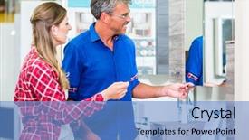  Presentation with counseling - Audience pleasing presentation design consisting of lavatory - shop assistant in hardware store backdrop and a teal colored foreground