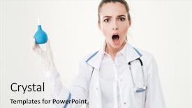  Presentation with young woman wearing boxer gloves - Theme consisting of lavement - shocked young woman doctor background and a sky blue colored foreground