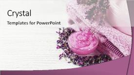  Presentation with lavender flowers - Theme enhanced with lavender cream and flowers on towel on wooden background background and a white colored foreground