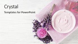  Presentation with lavender flowers - Theme consisting of lavender cream and flowers on towel on wooden background top view background and a white colored foreground