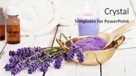  Presentation with scented candle - Colorful presentation theme enhanced with lavender flowers bath salt massage oil scented candle and towels on rustic white background high key image backdrop and a sky blue colored foreground