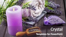  Presentation with wellness products - PPT theme having lavender spa setting wellness theme background and a dark gray colored foreground