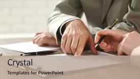  Presentation with desk - PPT theme consisting of law - human hands working with documents background and a coral colored foreground