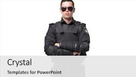 Presentation with armor - PPT theme featuring law - seriuse cop in sunglasses uniform background and a white colored foreground