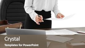  Presentation with successful - Beautiful presentation theme featuring law - successful businesswoman working with documents backdrop and a gray colored foreground