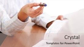  Presentation with important - Presentation design featuring law agreement - person signing important document isolated background and a soft green colored foreground