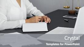  Presentation with law case - Colorful presentation design enhanced with law case - woman working in modern office backdrop and a gray colored foreground