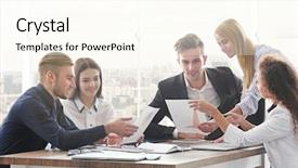  Presentation with young business people - Colorful presentation theme enhanced with law conference - young business people discussing backdrop and a cream colored foreground