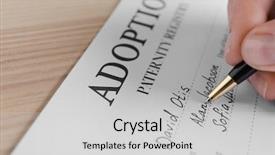  Presentation with adoption - Cool new PPT layouts with law kids - female hand filling in adoption backdrop and a light gray colored foreground