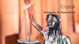  Presentation with lady justice - PPT theme having law theme lady justice statue on wooden background background and a coral colored foreground