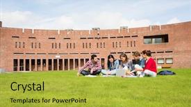  Presentation with college students - Colorful PPT layouts enhanced with lawn against college building backdrop and a yellow colored foreground