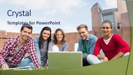  Presentation with college students - Colorful PPT theme enhanced with connected campus - group portrait of young students backdrop and a sky blue colored foreground