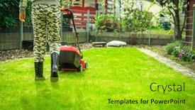  Presentation with electric - Amazing slide deck having lawn-care-teenager-cutting-lawn backdrop and a gold colored foreground