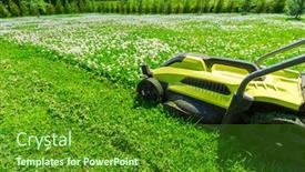  Presentation with green lawn - Audience pleasing presentation design consisting of lawn-mower-cutting-green-grass backdrop and a tawny brown colored foreground