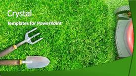  Presentation with green lawn - Audience pleasing slides consisting of lawn mower cutting green grass backdrop and a shamrock green colored foreground