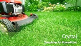  Presentation with green lawn - Colorful PPT theme enhanced with lawn mower cutting green grass backdrop and a seafoam green colored foreground