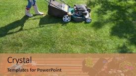  Presentation with gardening - Amazing slide deck having lawn mower in the garden backdrop and a coral colored foreground