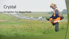  Presentation with welder worker welding and cutting - PPT theme consisting of lawn mower worker man cutting background and a  colored foreground