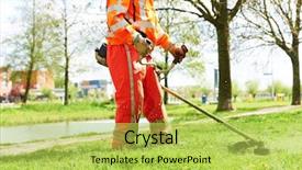  Presentation with welder worker welding and cutting - Presentation enhanced with lawn mower worker man cutting background and a yellow colored foreground