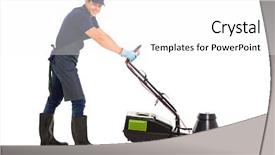  Presentation with professional portfolio - Colorful slide set enhanced with lawn mowers - professional male gardener using backdrop and a white colored foreground