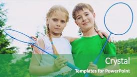  Presentation with outdoor activities - Presentation theme enhanced with lawn tennis - two happy children play badminton background and a ocean colored foreground