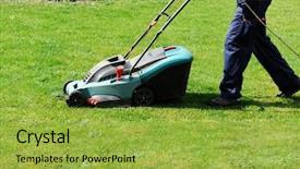  Presentation with light green moving - Slide deck having lawnmower and mows green grass background and a yellow colored foreground