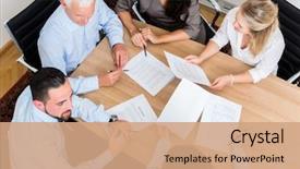  Presentation with team meeting - Audience pleasing presentation theme consisting of lawyers having team meeting backdrop and a coral colored foreground