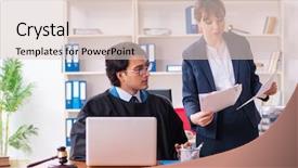  Presentation with ways working - Presentation theme consisting of lawyers working in the office background and a  colored foreground