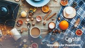  Presentation with winter scene - Amazing slide deck having flat lay of seasonal home craft decor coffee or tea break for home relax winter or autumn concept warm homely scene backdrop and a coral colored foreground
