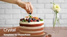  Presentation with cake - Slide set featuring layer - woman decorating delicious cake background and a red colored foreground