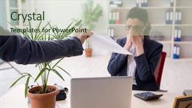  Presentation with employee - Amazing PPT theme having layoff - young female employee being fired backdrop and a mint green colored foreground