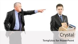  Presentation with boss anniversary - Slide deck with layoffs - angry boss firing a man background and a white colored foreground