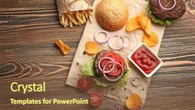  Presentation with burger - Theme having lays chips - delicious burger and fresh tomatoes background and a tawny brown colored foreground