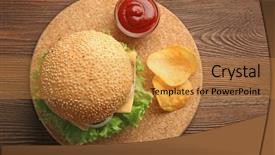  Presentation with gluten free bread on wooden - Audience pleasing PPT theme consisting of lays potato chips - fresh cheeseburger on wooden background backdrop and a gold colored foreground