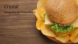  Presentation with wooden - Audience pleasing PPT layouts consisting of lays potato chips - fresh cheeseburger on wooden background backdrop and a coral colored foreground